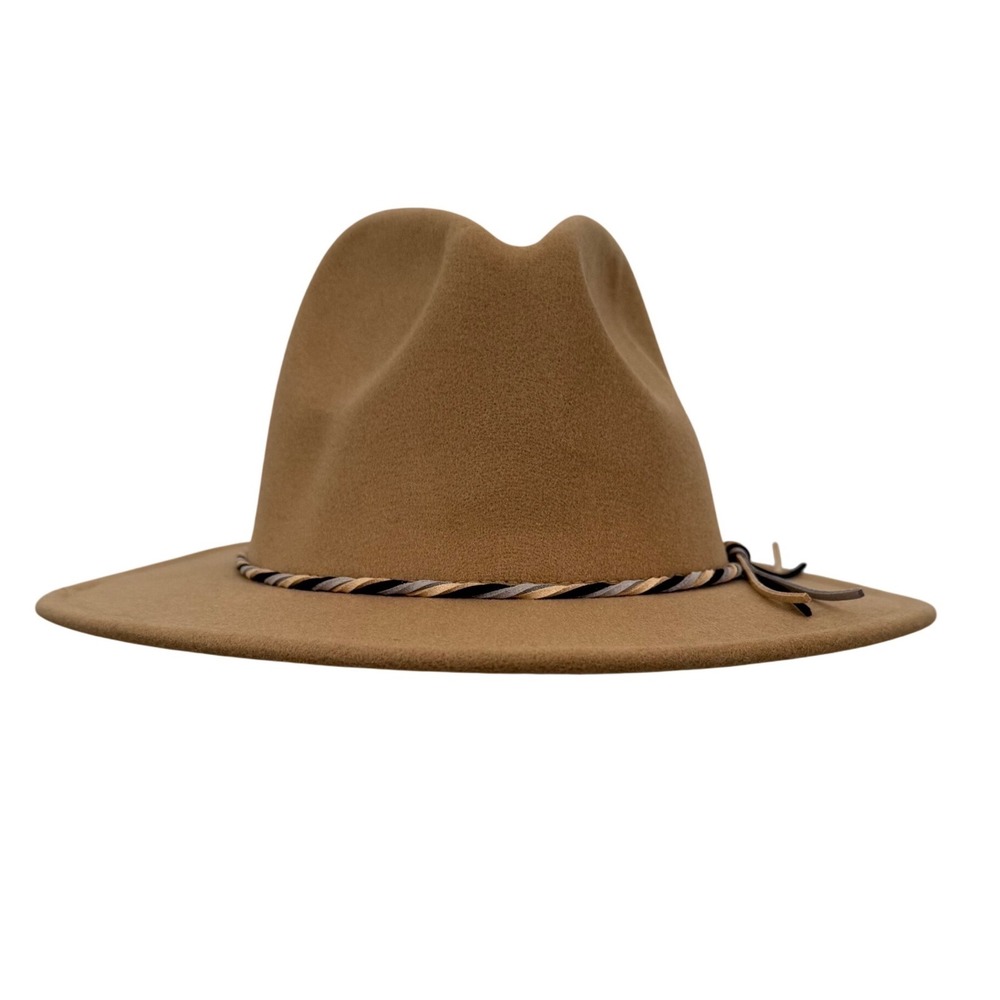 Camel Tan‎ Wide Brim Fedora Hat Braided Tassel Cotton Blend Western Festival